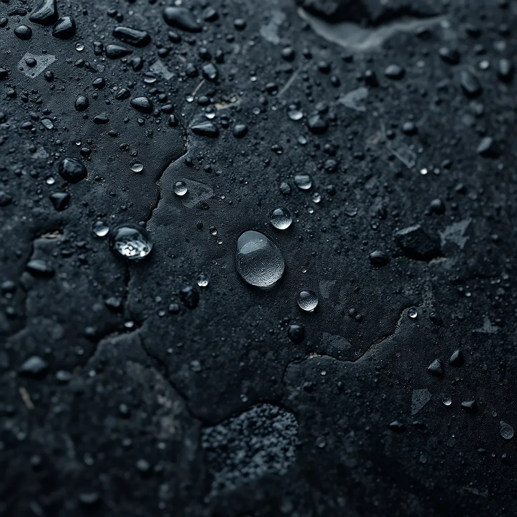Close up of water droplets beading on a dark grey stone surf
